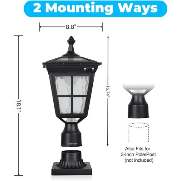 LED Cast Aluminum Solar Post Light Fixture 3-Inch Fitter Base Outdoor Garden - Picture 5 of 8